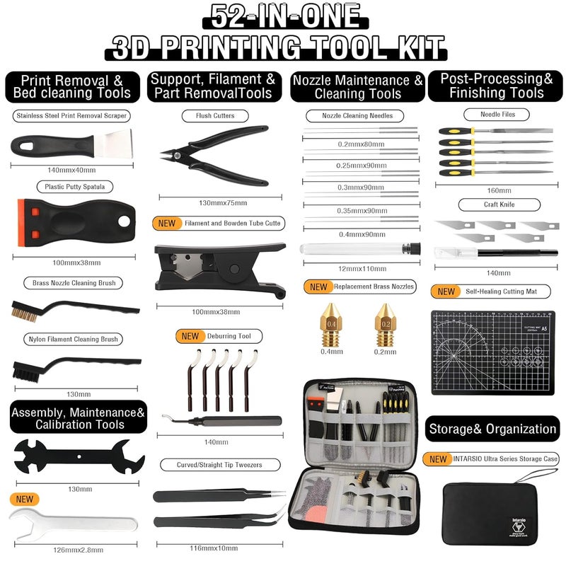 Intarsio 52-in-One 3D Printer Tools Kit, Professional 3D Printer Accessories & Maintenance Set for All FDM/SLA Printers, Deburring Tool, 3D Printer Nozzles, Scrapers, Files Set, PTFE Tube Cutter, Storage Bag - Image 2